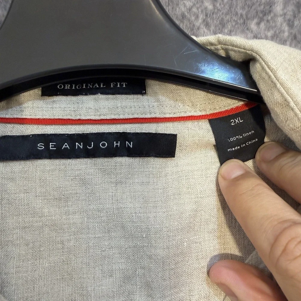 Sean Jean Linen Short Sleeve Button Shirt Beige 2XL Casual Breathable Wear‎